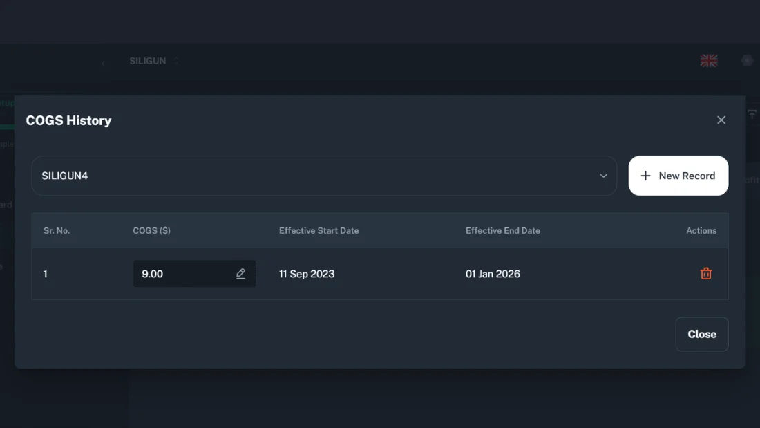 Kixmon COGS settings by date range